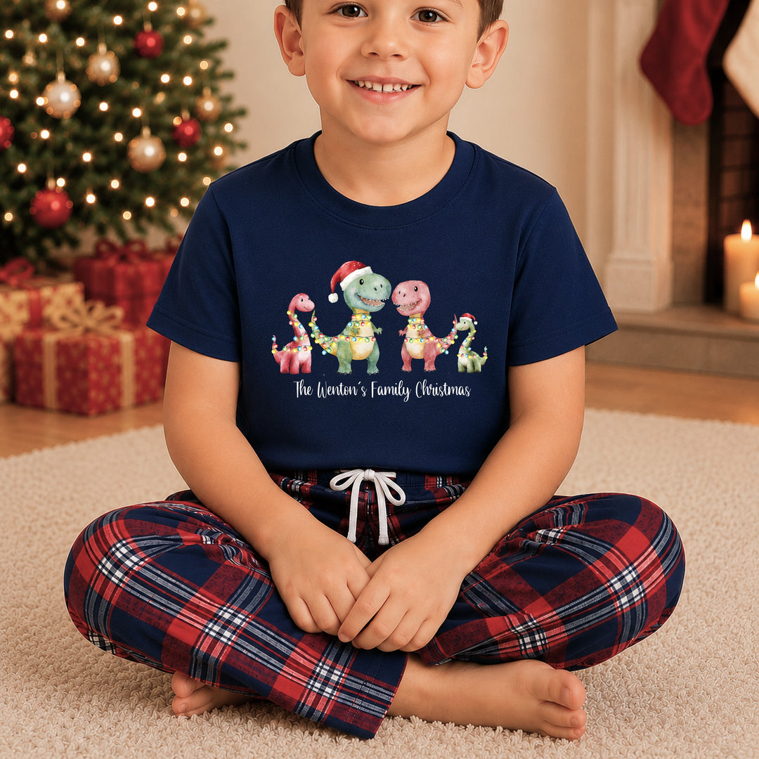 Personalised Dinosaur Family Matching Navy Tartan Christmas Pyjamas