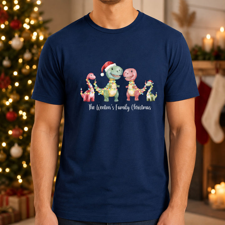 Personalised Dinosaur Family Matching Navy Tartan Christmas Pyjamas