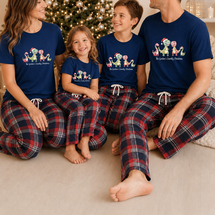 Personalised Dinosaur Family Matching Navy Tartan Christmas Pyjamas