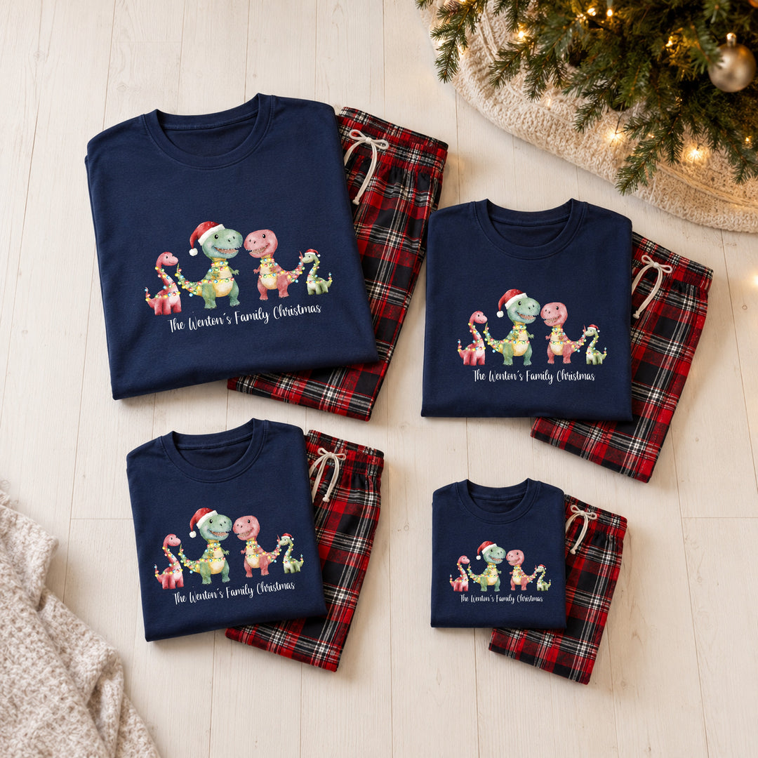 Personalised Dinosaur Family Matching Navy Tartan Christmas Pyjamas