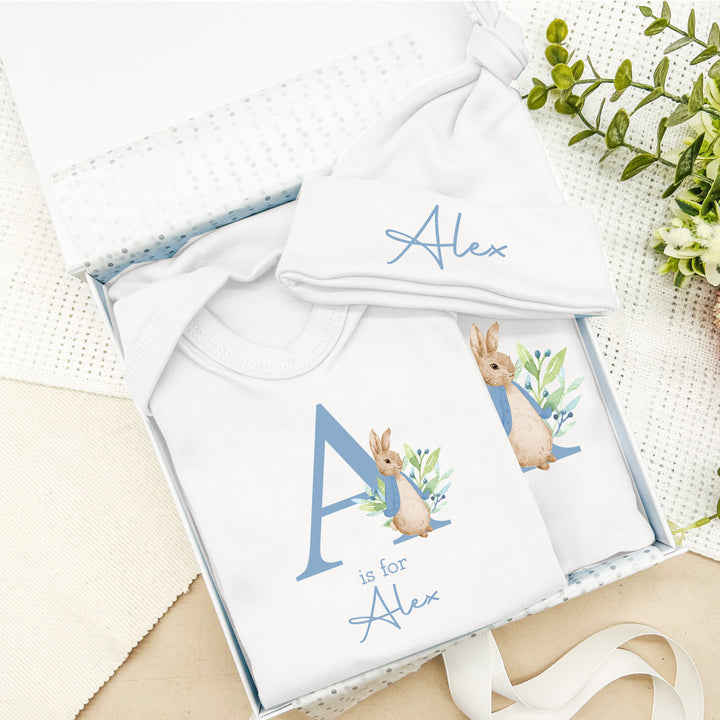 Personalised Blue Rabbit Baby Clothing Optional Hamper Gift Set