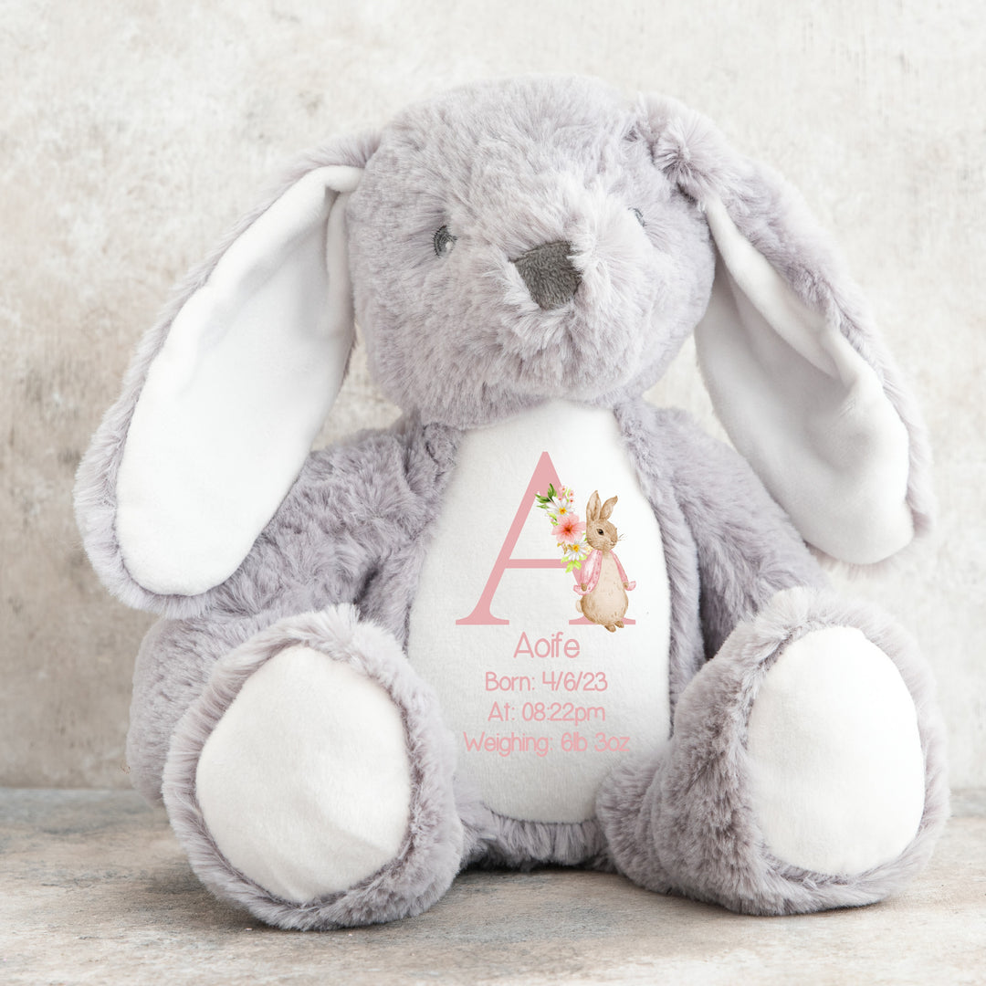 Personalised Pink Rabbit Birth Announcement Teddy