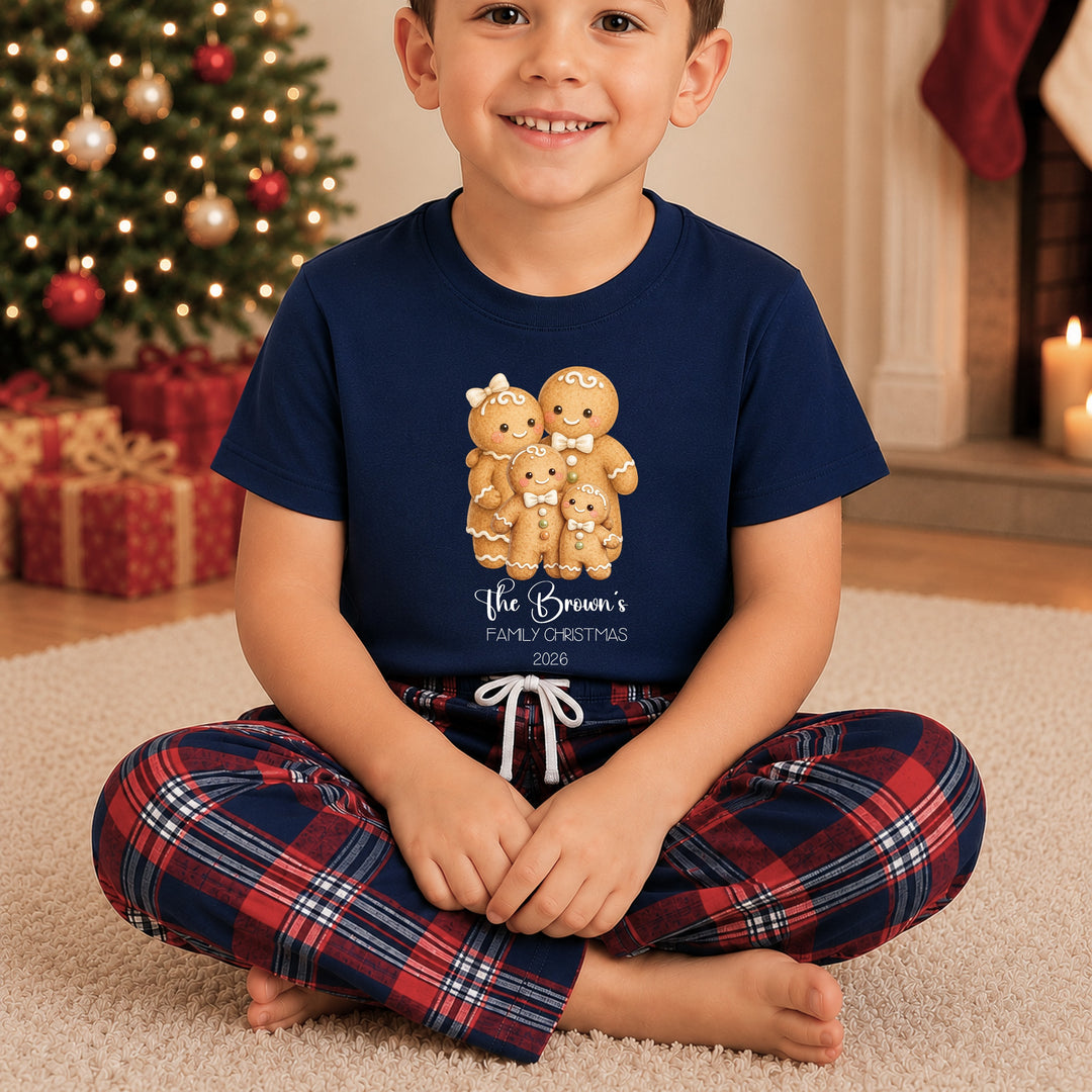 Personalised Gingerbread Family Matching Navy Tartan Christmas Pyjamas