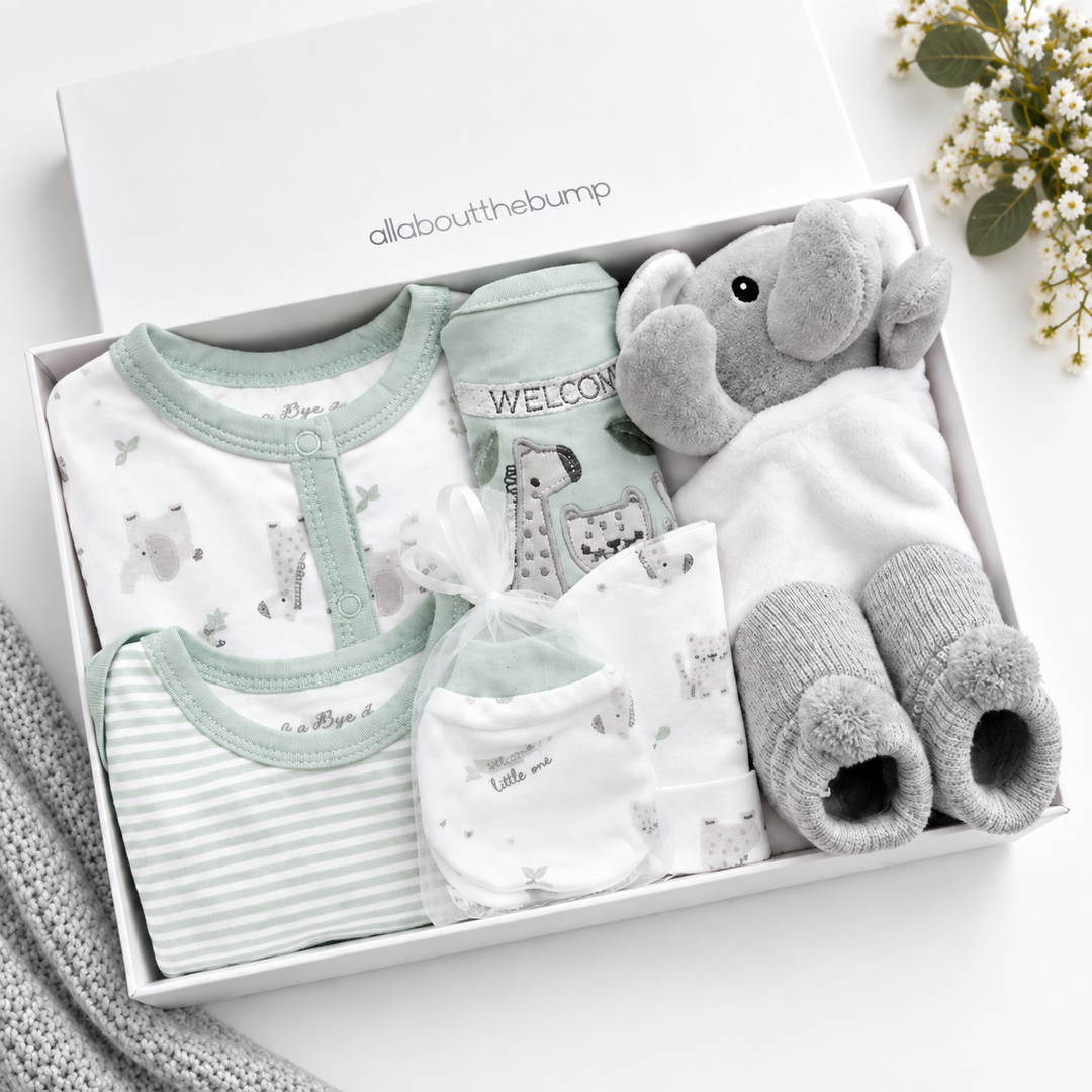 Sage Green Animals and Comforter Boys Baby Hamper