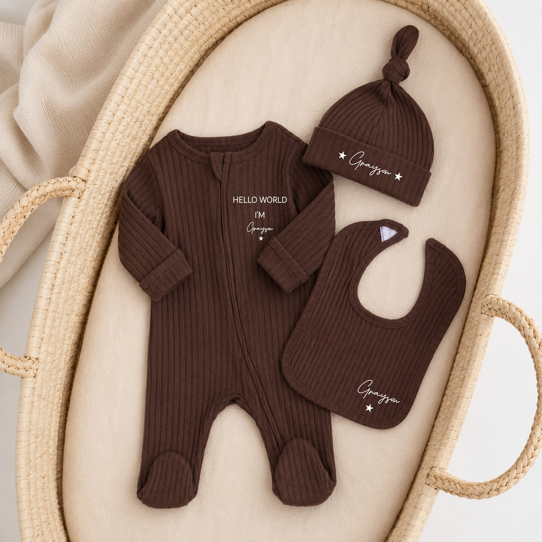 Personalised Hello World Chocolate 3 Piece Ribbed Coming Home Outfit
