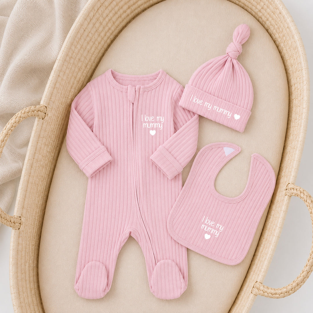 Dusty Pink I Love My Mummy 3 Piece Ribbed Coming Home Outfit