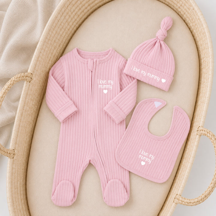 Dusty Pink I Love My Mummy 3 Piece Ribbed Coming Home Outfit