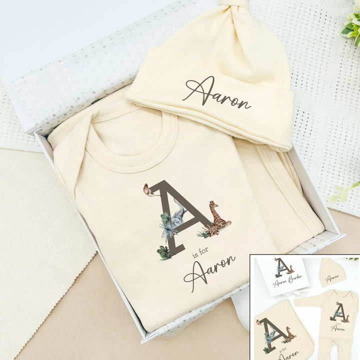 Personalised Jungle Initial Beige Hamper Clothing Gift Set