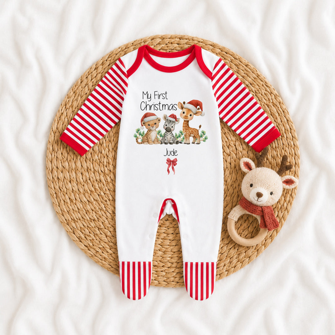 Personalised Jungle My First Christmas Red Baby Grow