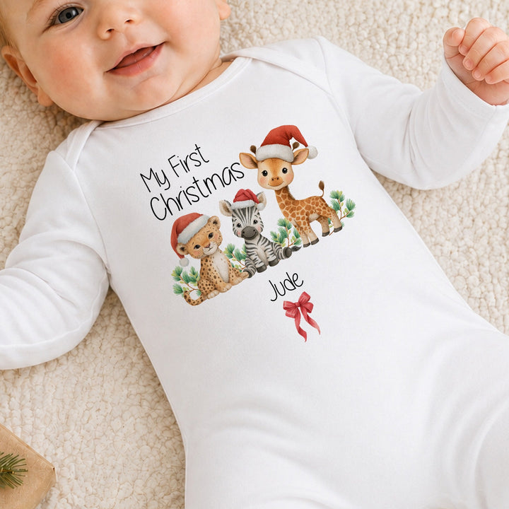 Personalised Jungle My First Christmas Baby Grow Or Vest