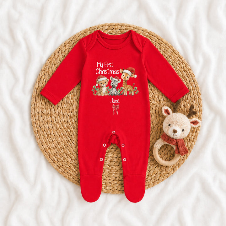 Personalised Jungle My First Christmas Red Baby Grow