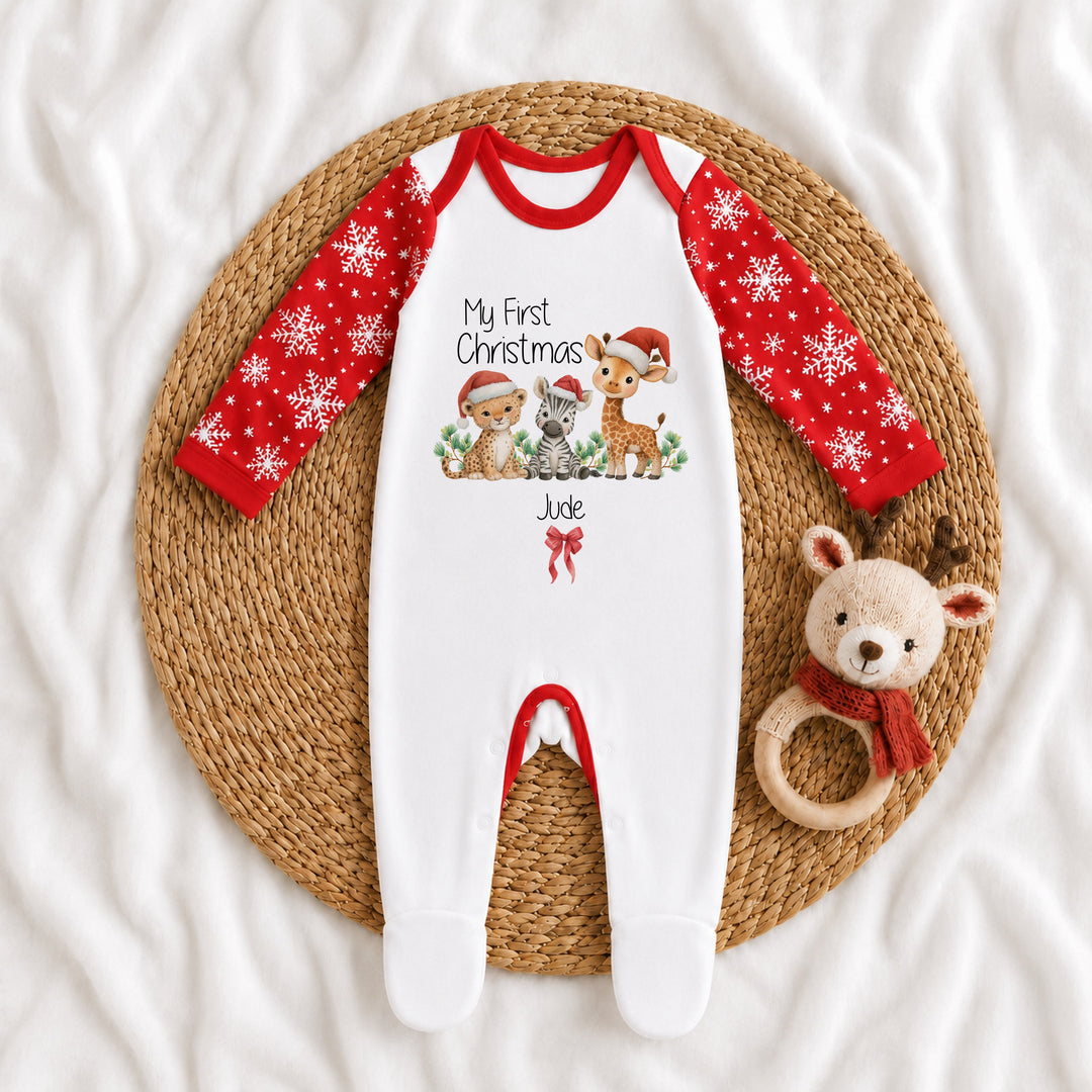Personalised Jungle My First Christmas Pattern Baby Grow