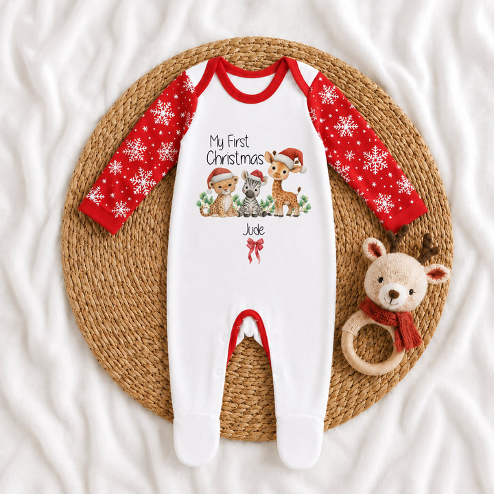 Personalised Jungle My First Christmas Pattern Baby Grow