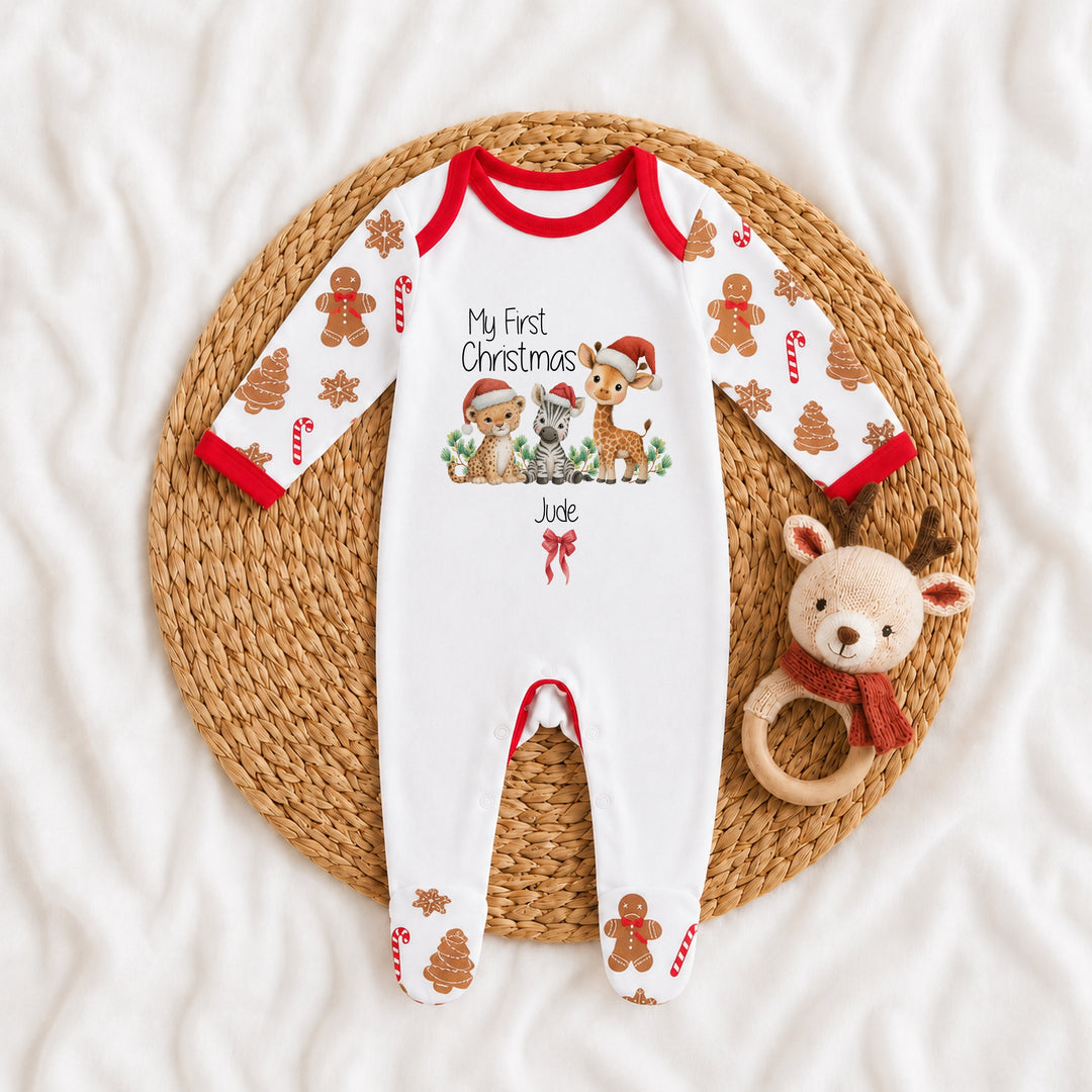 Personalised Jungle My First Christmas Pattern Baby Grow