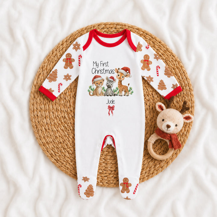 Personalised Jungle My First Christmas Pattern Baby Grow