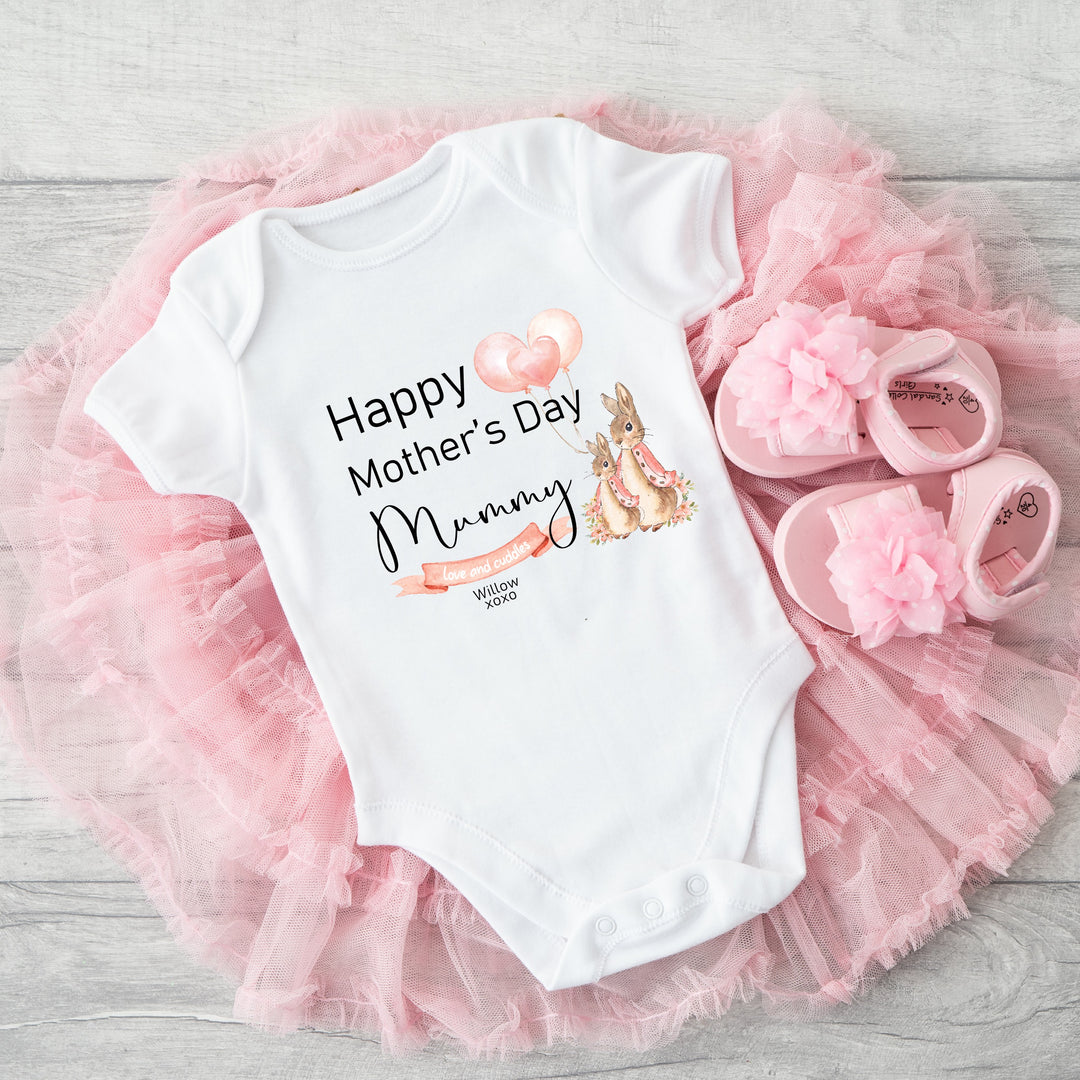 Personalised First Mother's Day Pink Rabbit Babygrow/Vest