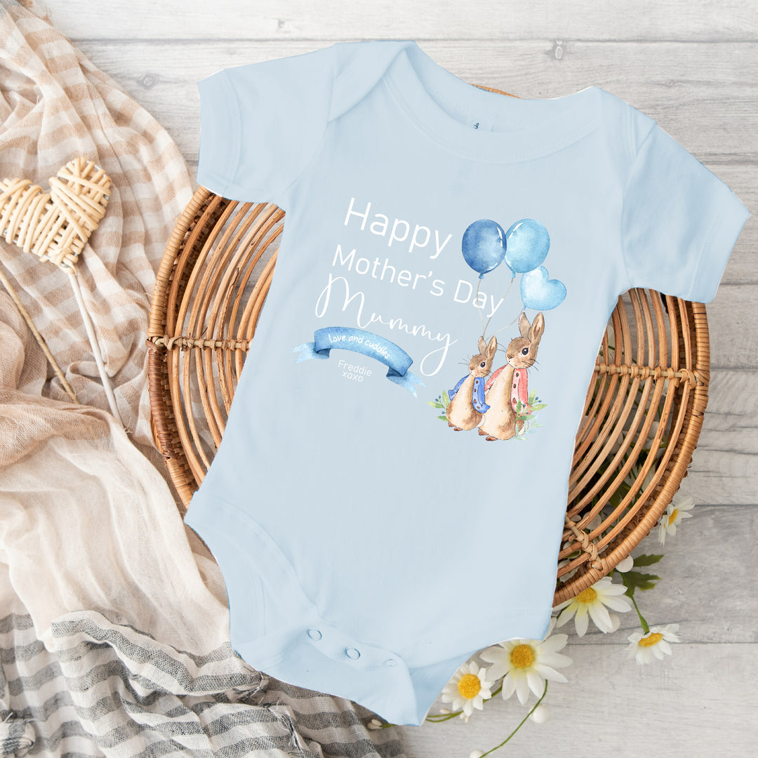 Personalised Happy Mother's Day Rabbit Blue Babygrow/Vest