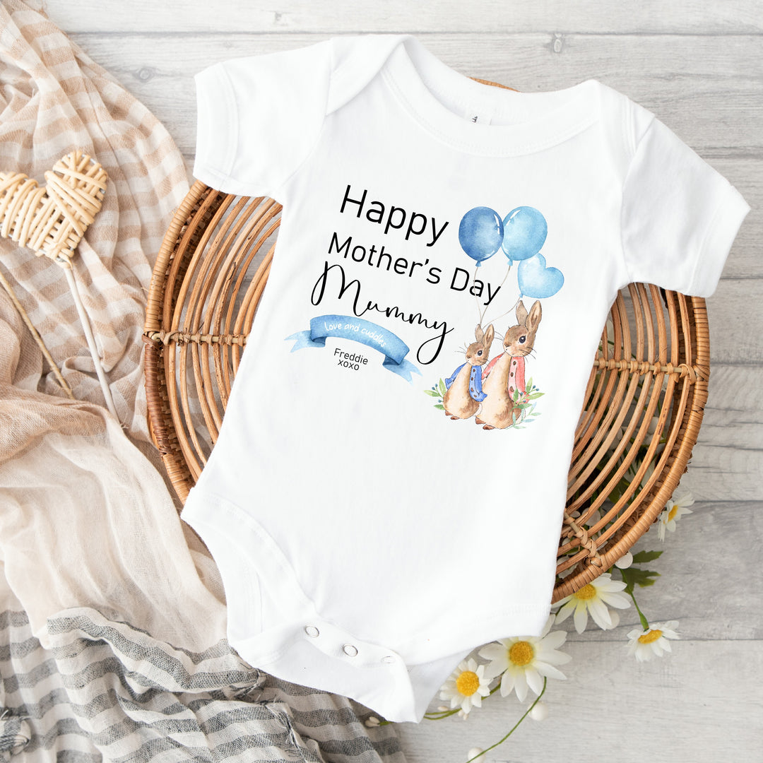 Personalised First Mother's Day Blue Rabbit Babygrow/Vest