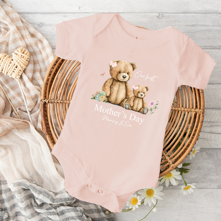 Personalised Happy Mother's Day Teddy Pink Babygrow/Vest