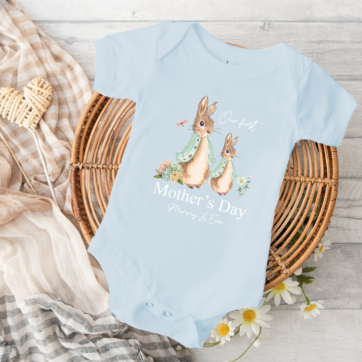 Personalised Happy Mother's Day Bunny Blue Babygrow/Vest