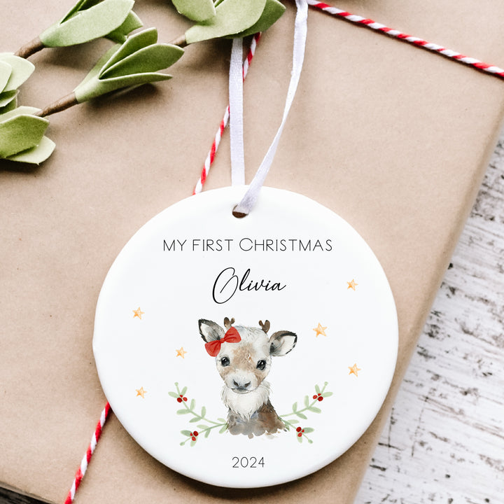 My First Christmas Girl Reindeer Personalised Ceramic Tree Ornament