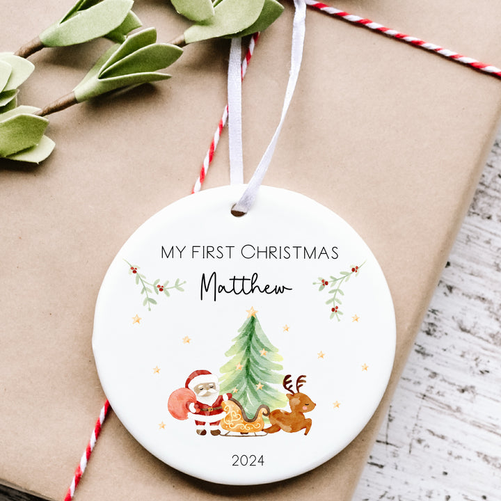 My First Christmas Santa Scene Personalised Ceramic Tree Ornament Bauble