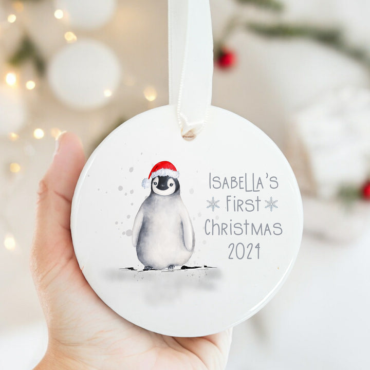 Personalised Grey Penguin Baby's First Christmas Ceramic Ornament