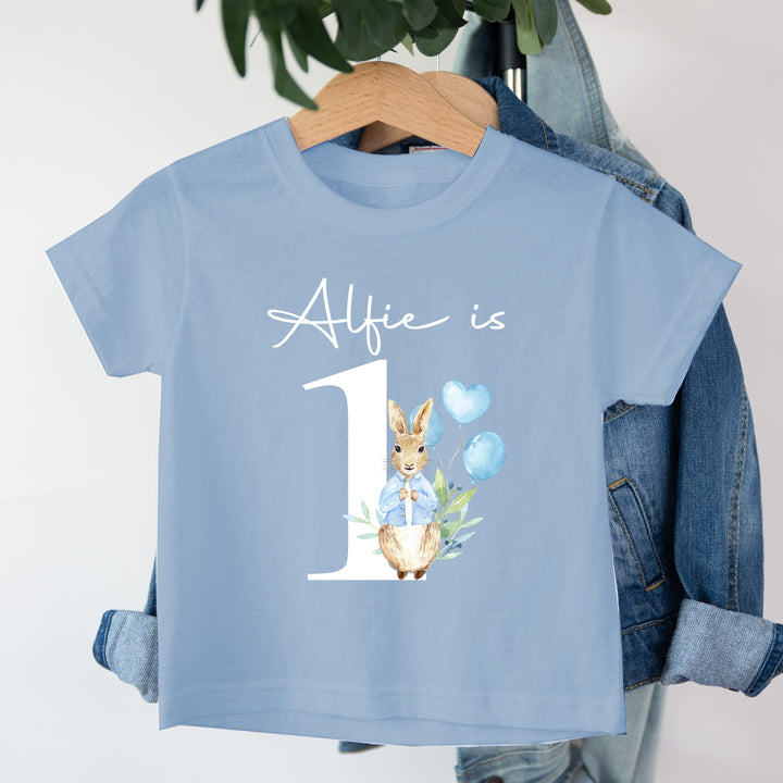 Blue Rabbit Birthday T-shirt | Peach Blue Brown Grey