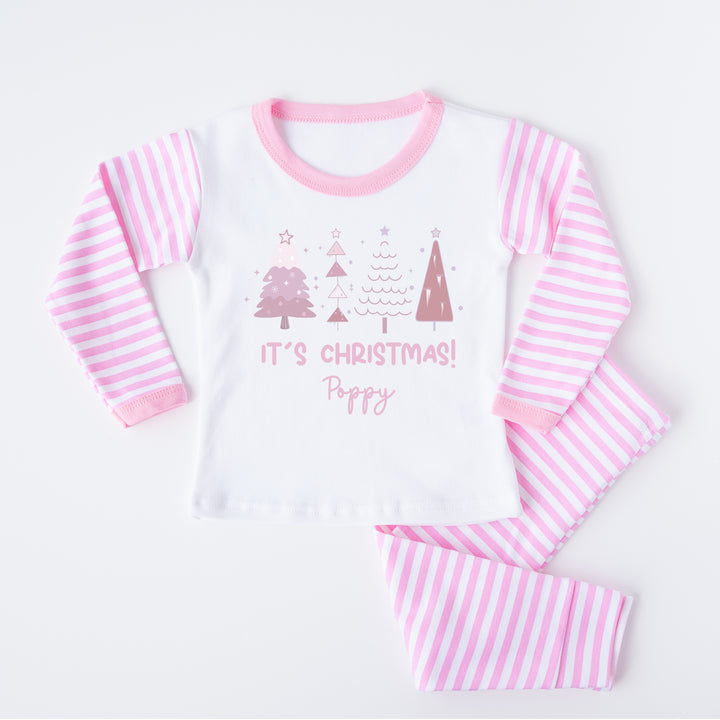 Personalised Pink Christmas Trees Pink Stripe Pyjamas