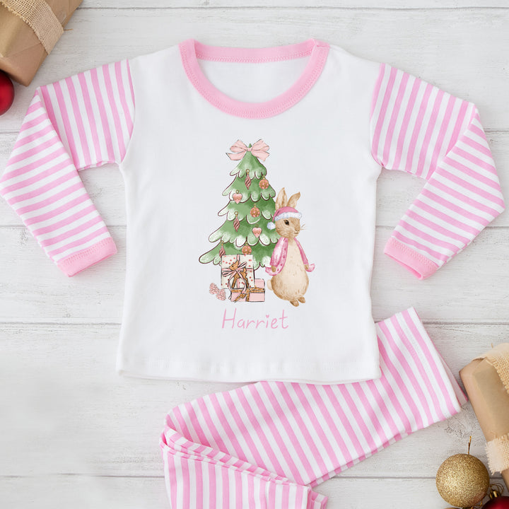 Personalised Pink Rabbit Pink Striped Christmas Pyjamas