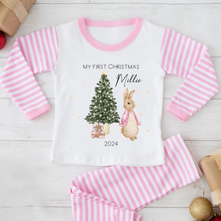 Personalised My First Christmas Pink Rabbit Pink Stripe Pyjamas