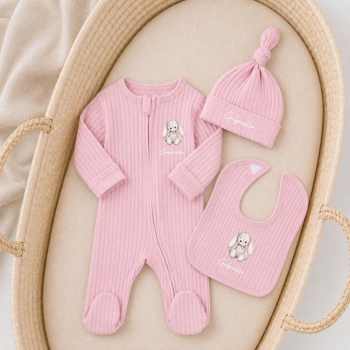 Personalised Pink Rabbit 3 Piece Ribbed Coming Home Outfit