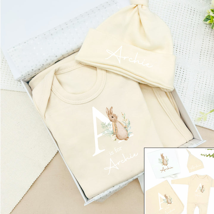 Personalised Rabbit Initial Beige Hamper Clothing Gift Set