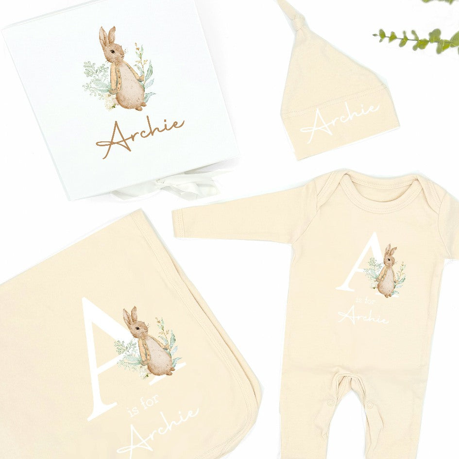 Personalised Rabbit Initial Beige Hamper Clothing Gift Set