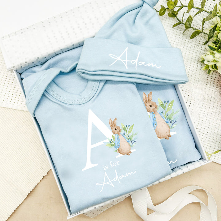 Personalised Blue Rabbit Initial Hamper Clothing Gift Set