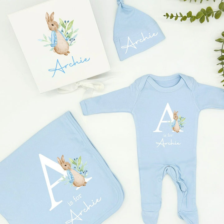 Personalised Blue Rabbit Initial Hamper Clothing Gift Set