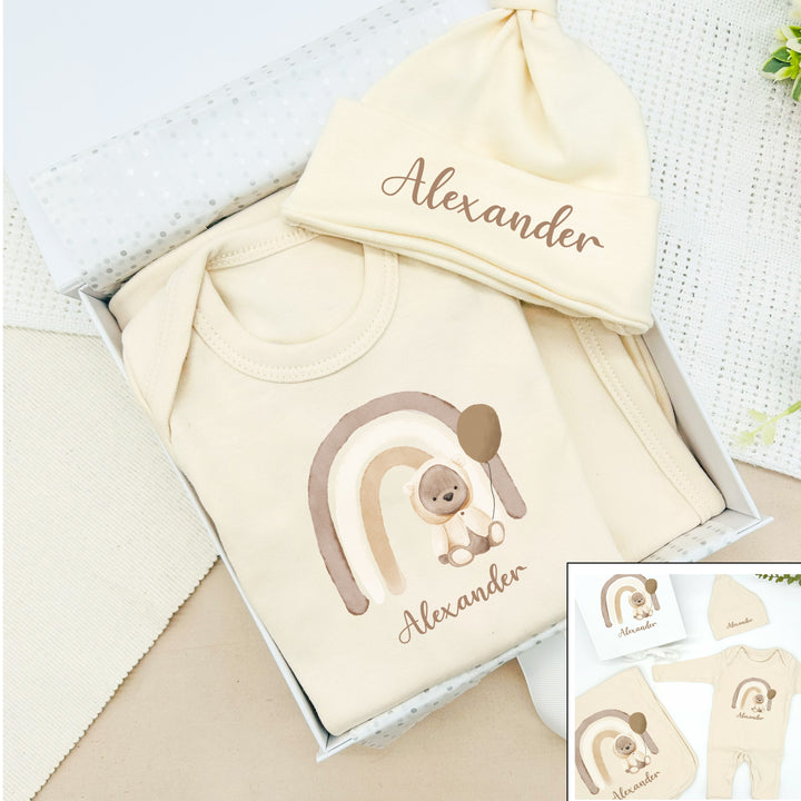 Personalised Cream Rainbow Bear Beige Hamper Clothing Gift Set