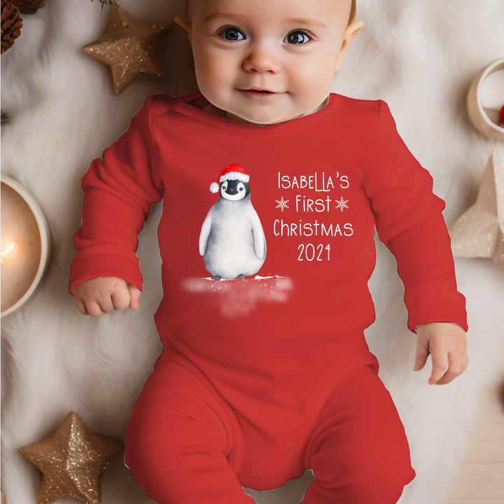 Festive Penguin First Christmas Personalised Baby Outfit