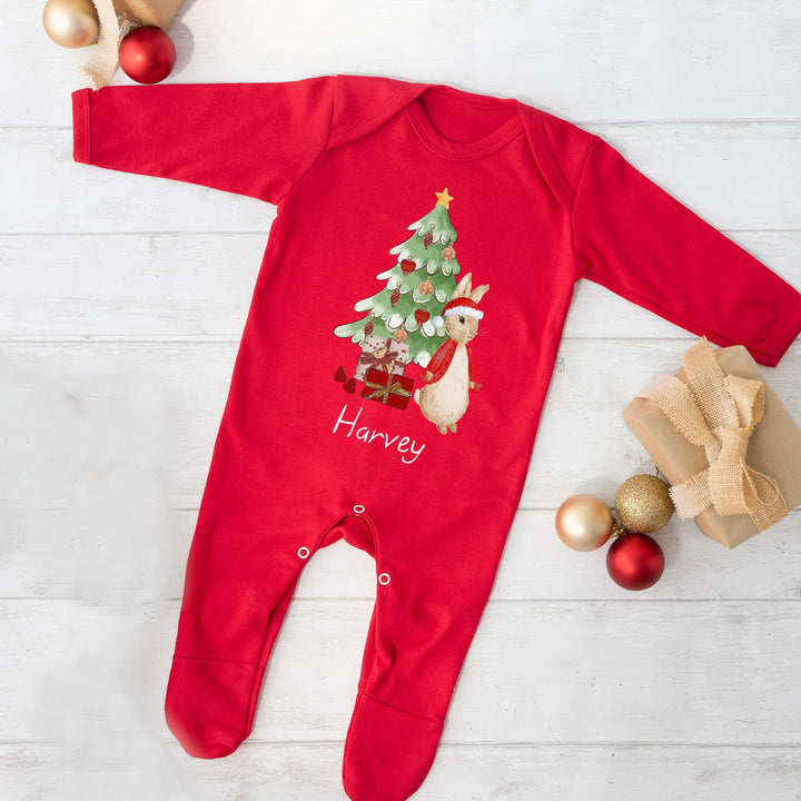 Red Rabbit Christmas Tree Personalised Red Babygrow