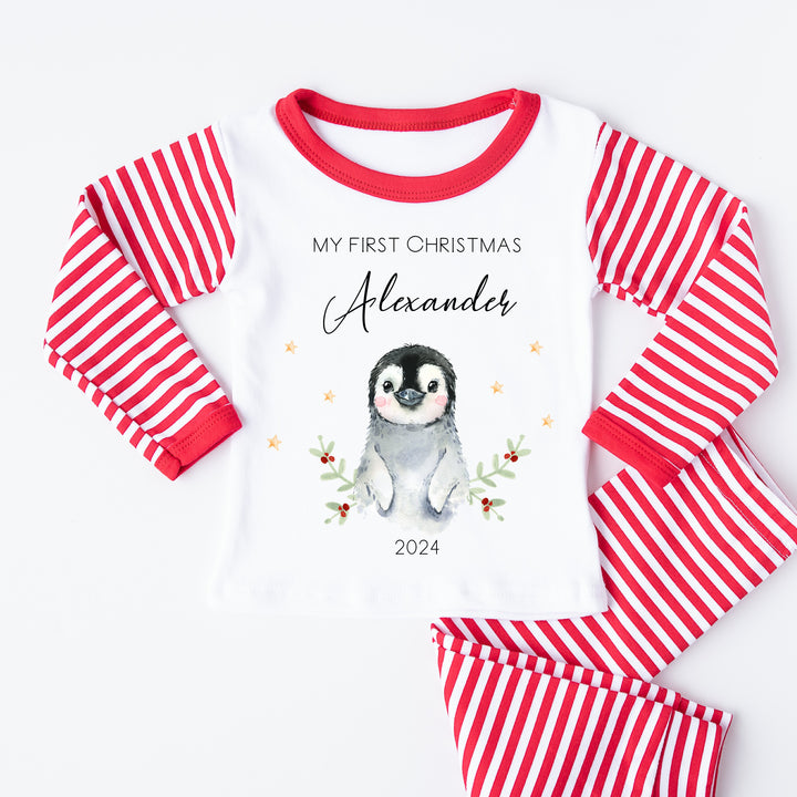 Personalised My First Christmas Penguin Pyjamas | Blue, Pink, Red and Beige Stripe Pyjamas