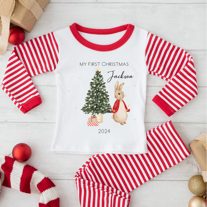 Personalised My First Christmas Red Rabbit Red Stripe Pyjamas