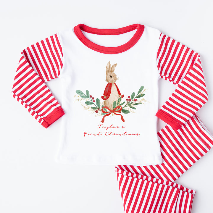 Personalised Red Rabbit Wreath Red Striped Christmas Pyjamas