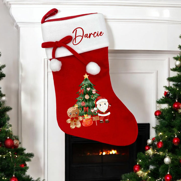 Personalised Christmas Scene Red PomPom Stocking