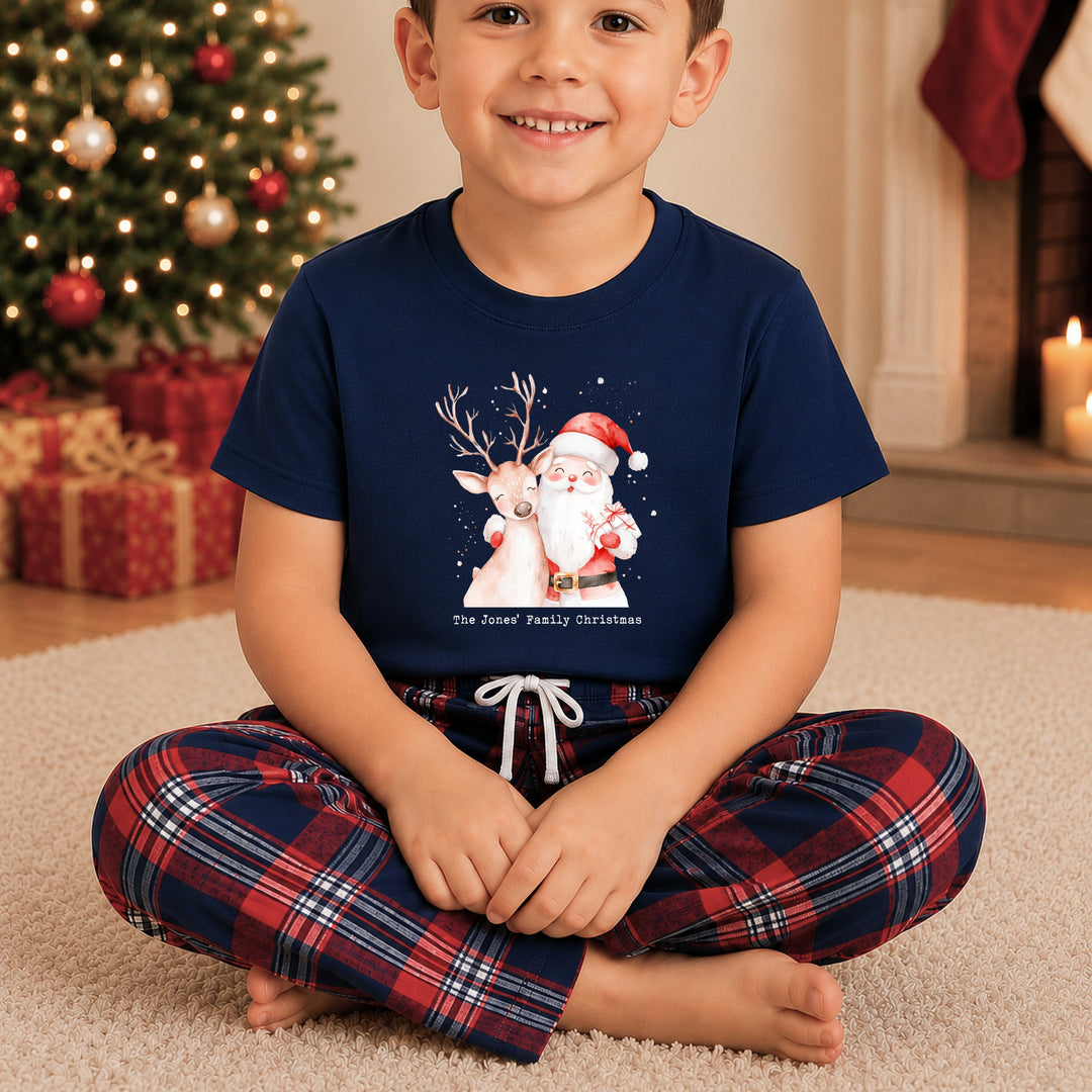 Personalised Reindeer &amp; Santa Family Matching Navy Tartan Christmas Pyjamas