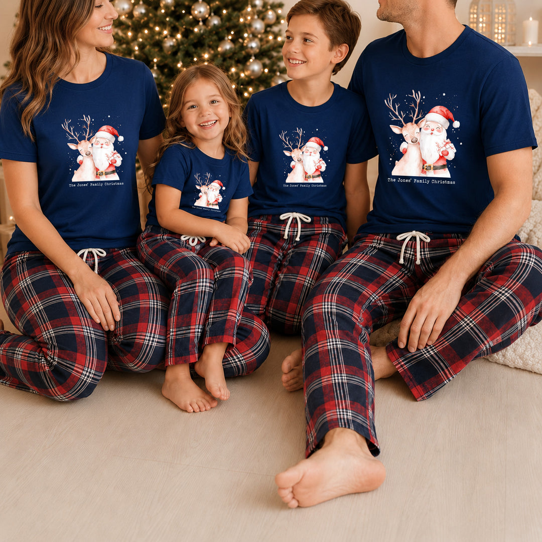 Personalised Reindeer &amp; Santa Family Matching Navy Tartan Christmas Pyjamas