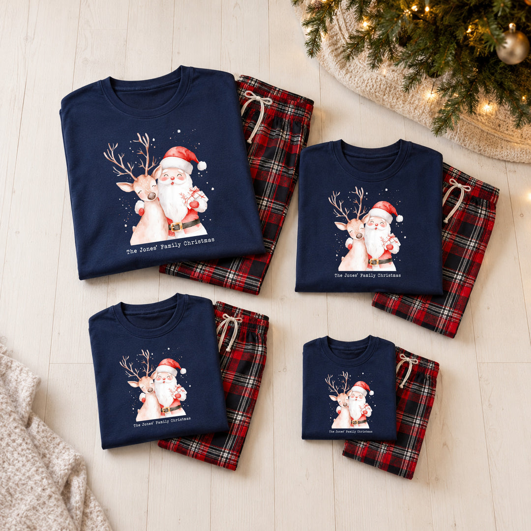 Personalised Reindeer &amp; Santa Family Matching Navy Tartan Christmas Pyjamas