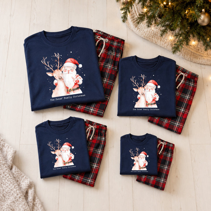 Personalised Reindeer &amp; Santa Family Matching Navy Tartan Christmas Pyjamas