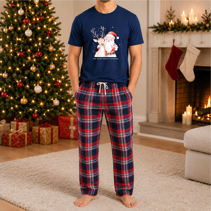 Personalised Reindeer &amp; Santa Family Matching Navy Tartan Christmas Pyjamas