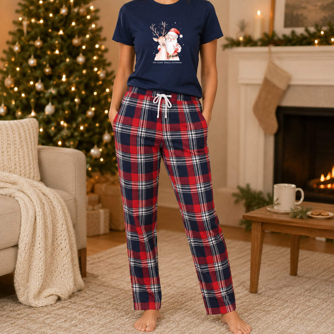 Personalised Reindeer &amp; Santa Family Matching Navy Tartan Christmas Pyjamas