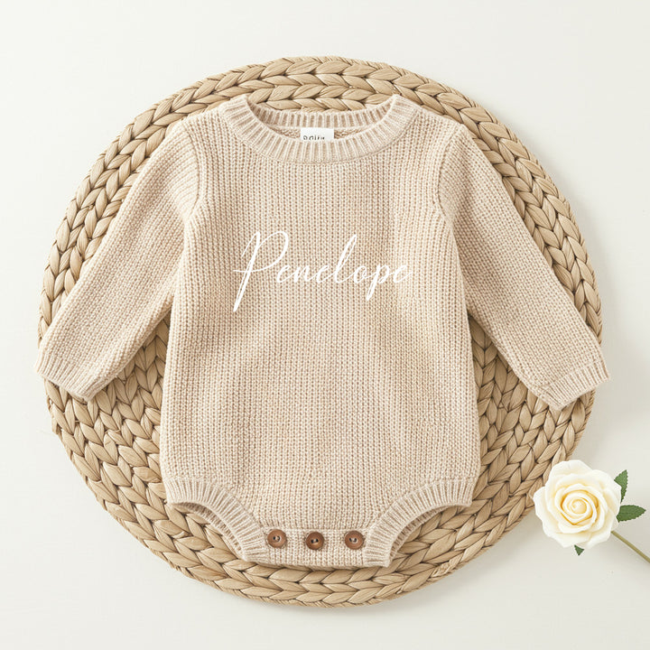 Personalised Script Name Embroidered Oversized Long Sleeve Knitted Romper